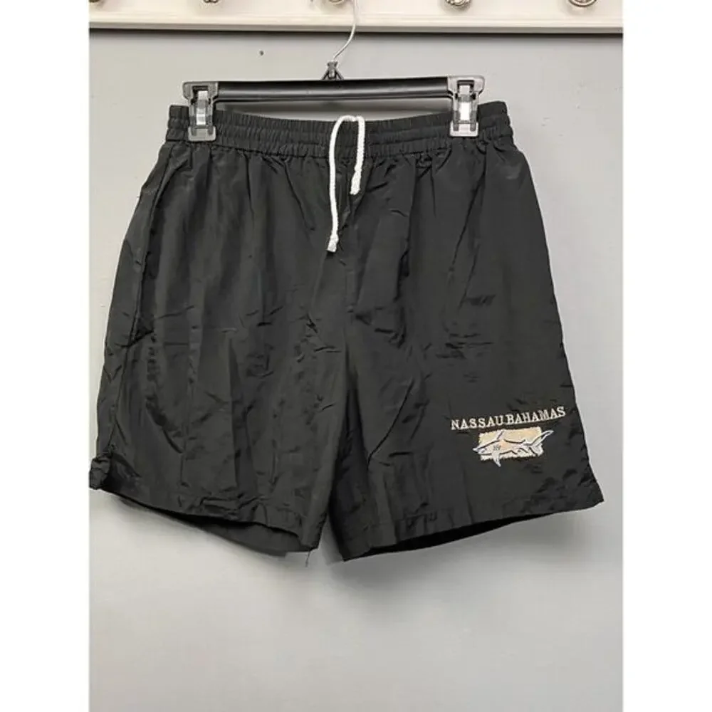 Nassau Bahamas swim trunks Mens Large‎ Black Embroidered Shark Destination Lined